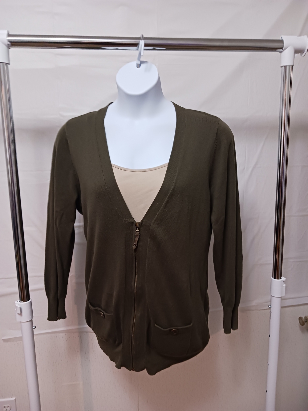Foxcroft Olive Zip-Front V-Neck Cardigan